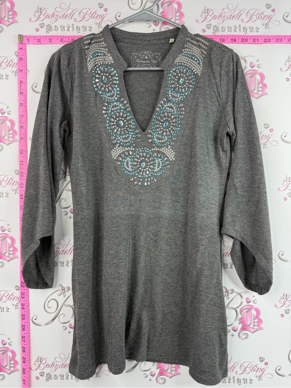 Panhandle Slim shirt studded Gray Tunic with Teal and Silver Beaded V-Neck